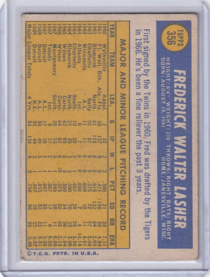 Vintage 1970 Topps Baseball card of Fred Lasher, Detroit Tigers player statistics