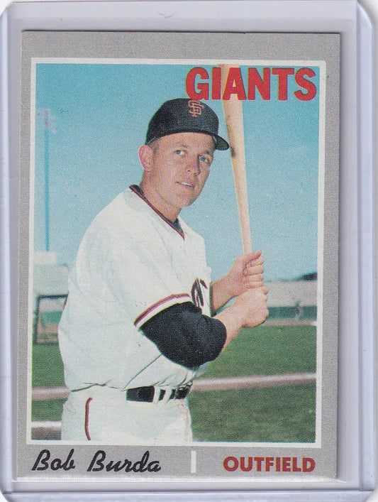 Baseball card of Bob Burda in batting stance with San Francisco Giants by Topps Baseball
