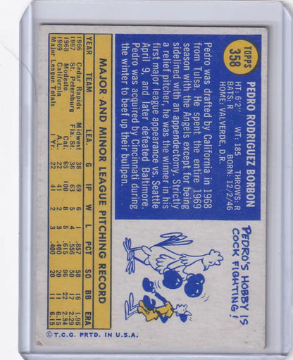 Topps Baseball trading card of Pedro Borbon with Cincinnati Reds stats and illustration