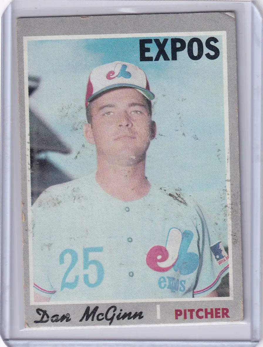 1970 Topps Baseball card of Dan McGinn, pitcher for Montreal Expos in white uniform