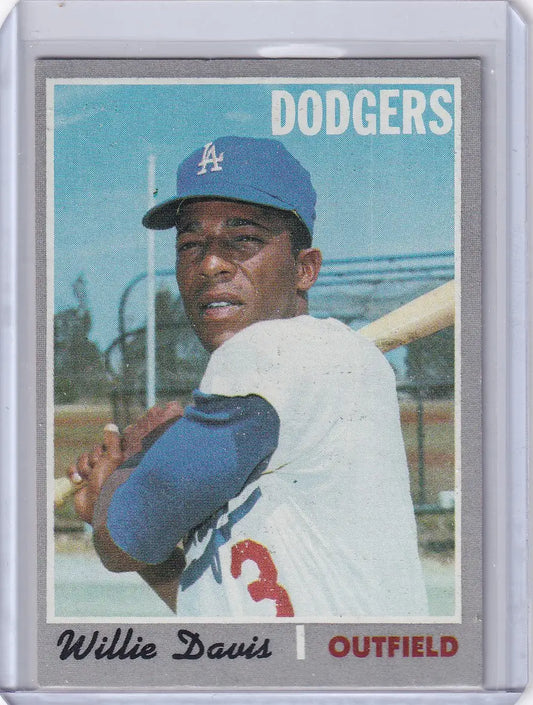 Baseball card of Willie Davis in batting pose for Los Angeles Dodgers Topps Baseball
