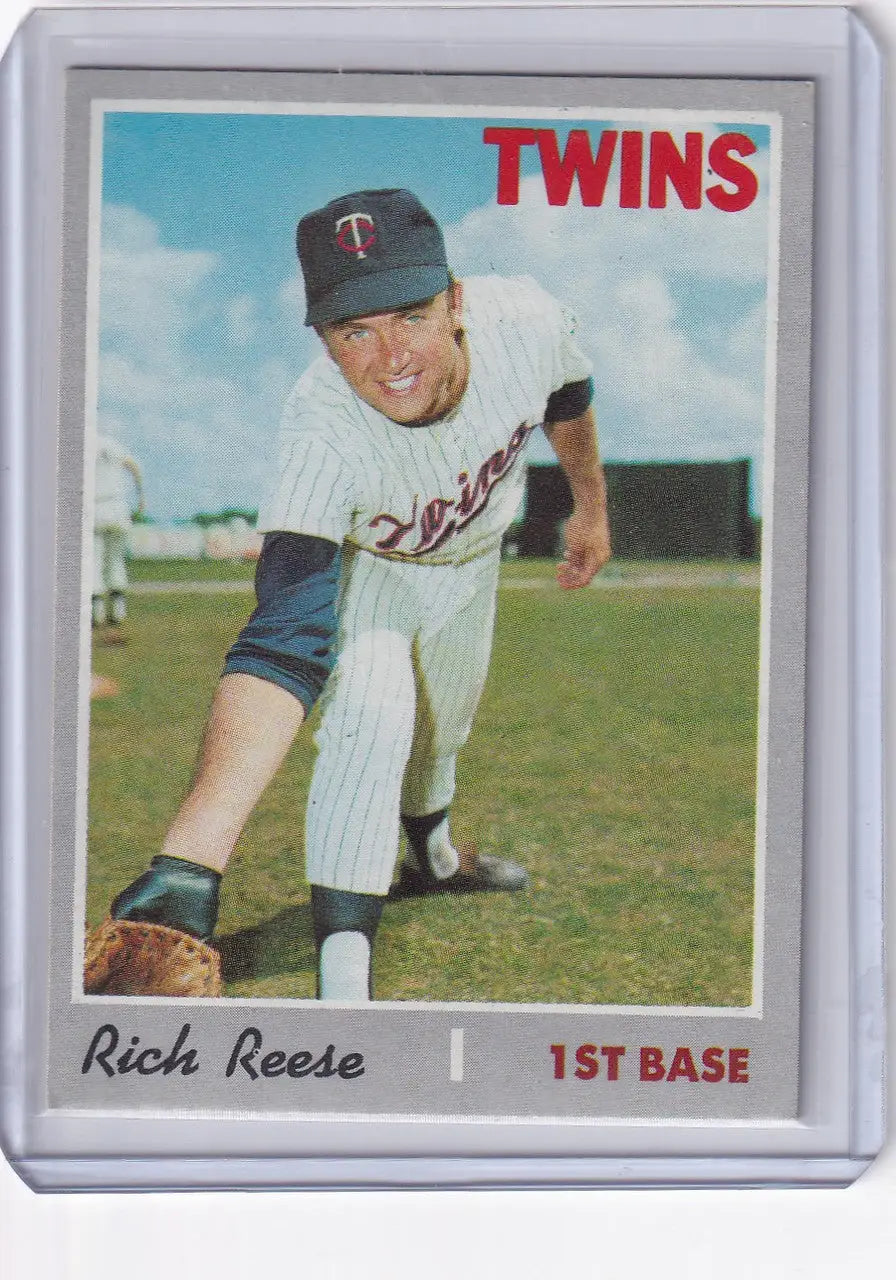 Baseball card of Rich Reese in pitching stance from 1970 Topps Baseball Minnesota Twins