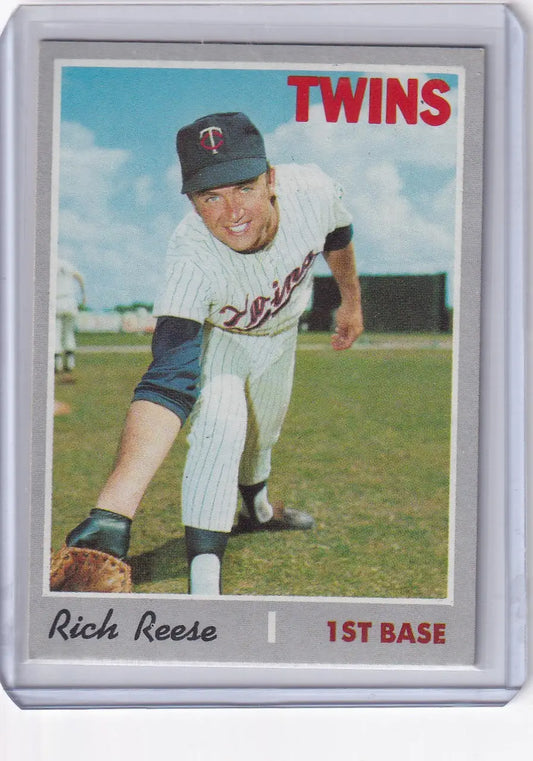 Baseball card of Rich Reese in pitching stance from 1970 Topps Baseball Minnesota Twins