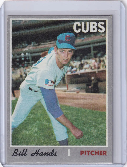 Topps Baseball trading card of Bill Hands, Chicago Cubs pitcher in light blue uniform
