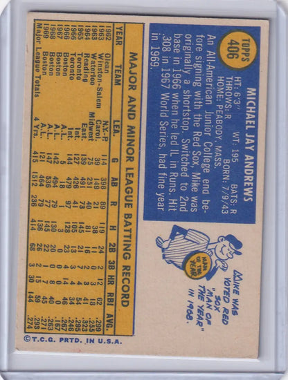 Vintage Boston Red Sox Topps baseball card featuring Mike Andrews from 1970 Topps series