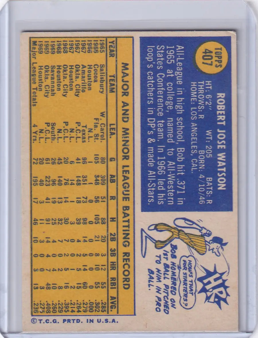 1970 Topps Baseball #407 card featuring Bob Watson and Houston Astros stats illustration