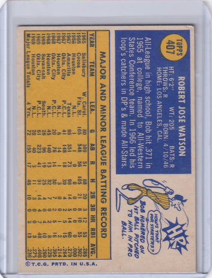 1970 Topps Baseball #407 card featuring Bob Watson and Houston Astros stats illustration