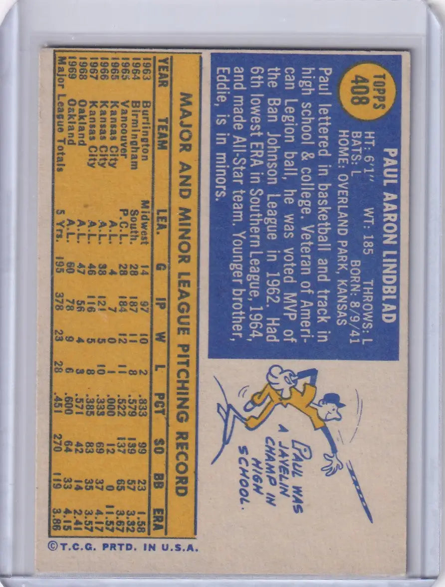 1970 Topps Baseball #408 Paul Lindblad - Oakland Athletics