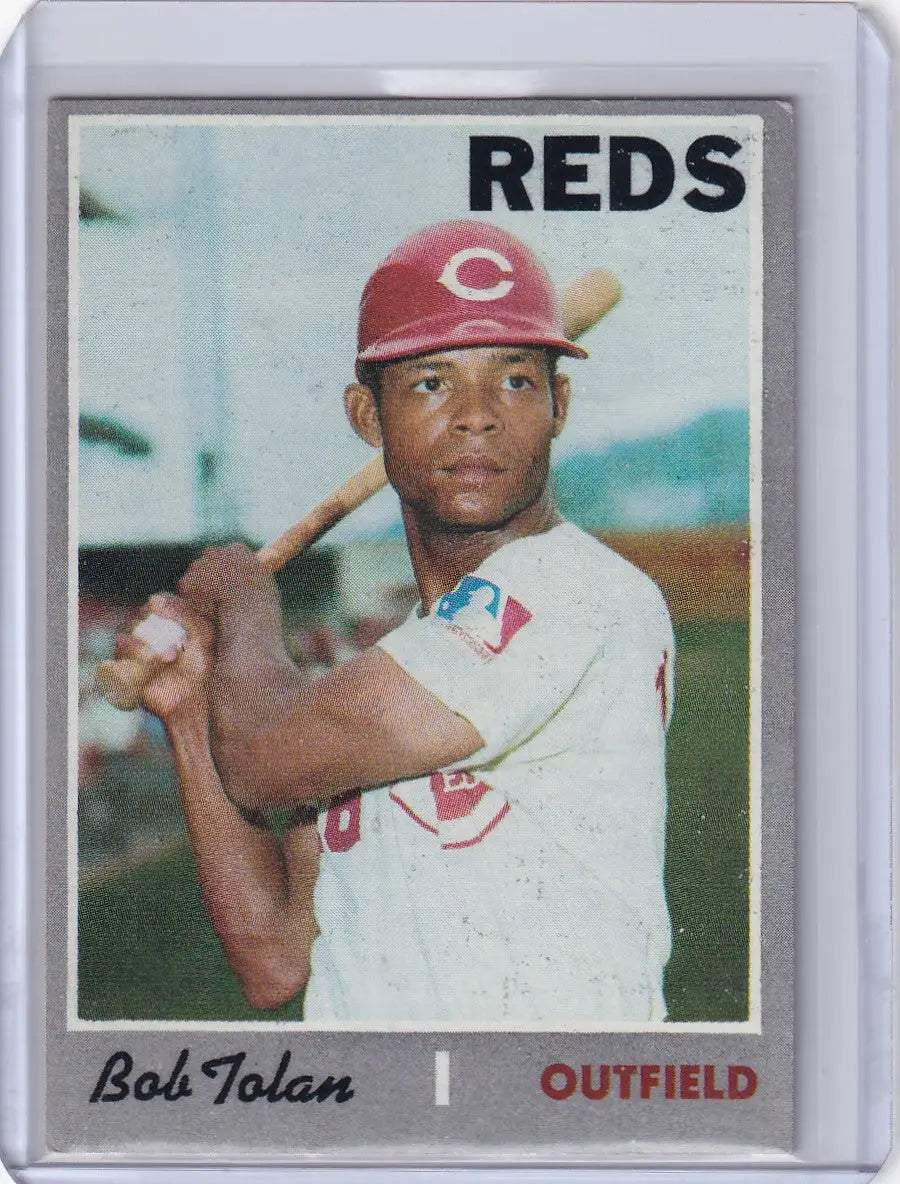 Baseball card of Bob Tolan in batting stance for Topps Baseball Cincinnati Reds