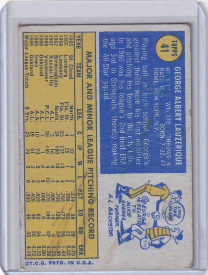 Topps Baseball card featuring George Lauzerique and mascot character for Oakland Athletics