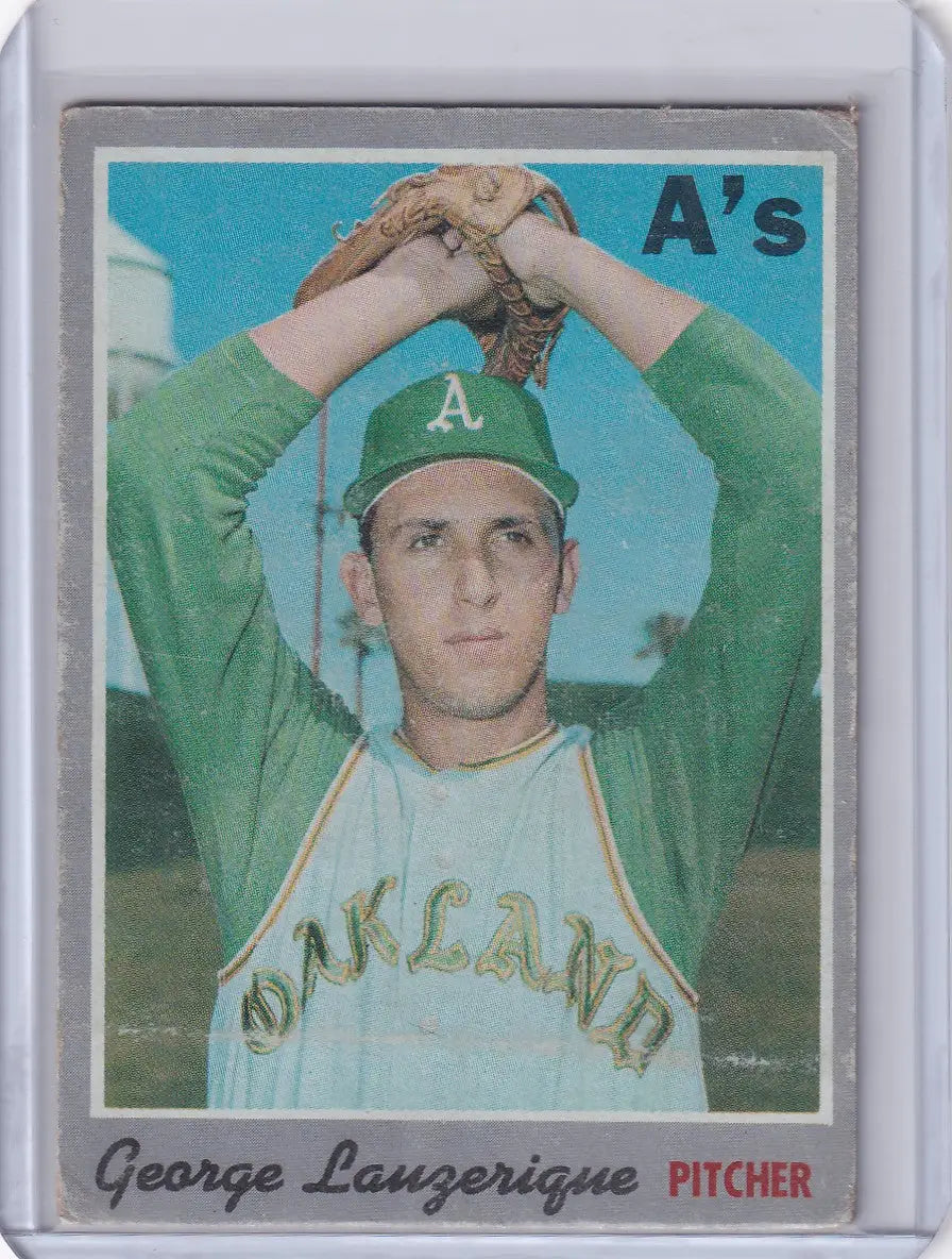 Baseball card of George Lauzerique in pitching stance for Oakland Athletics Topps Baseball