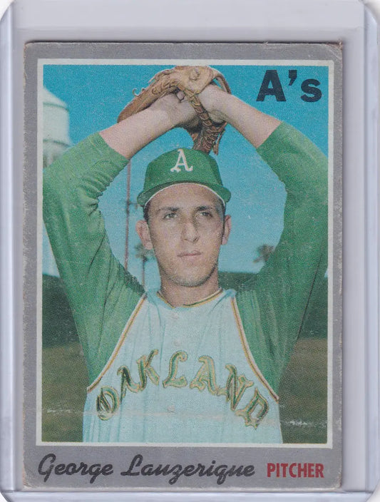 Baseball card of George Lauzerique in pitching stance for Oakland Athletics Topps Baseball