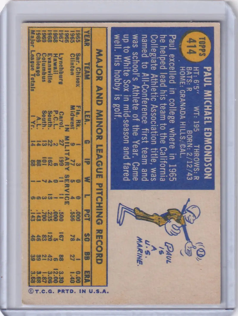 1970 Topps Baseball #414 Paul Edmondson - Chicago White Sox RC - Baseball Card Single