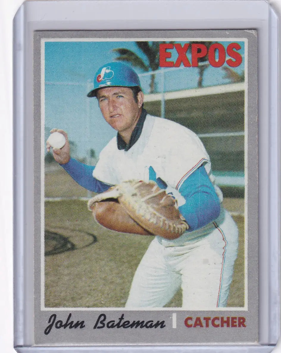 Baseball card of John Bateman in throwing pose for Montreal Expos Topps Baseball collection