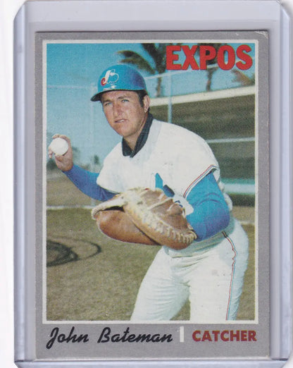 Baseball card of John Bateman in throwing pose for Montreal Expos Topps Baseball collection