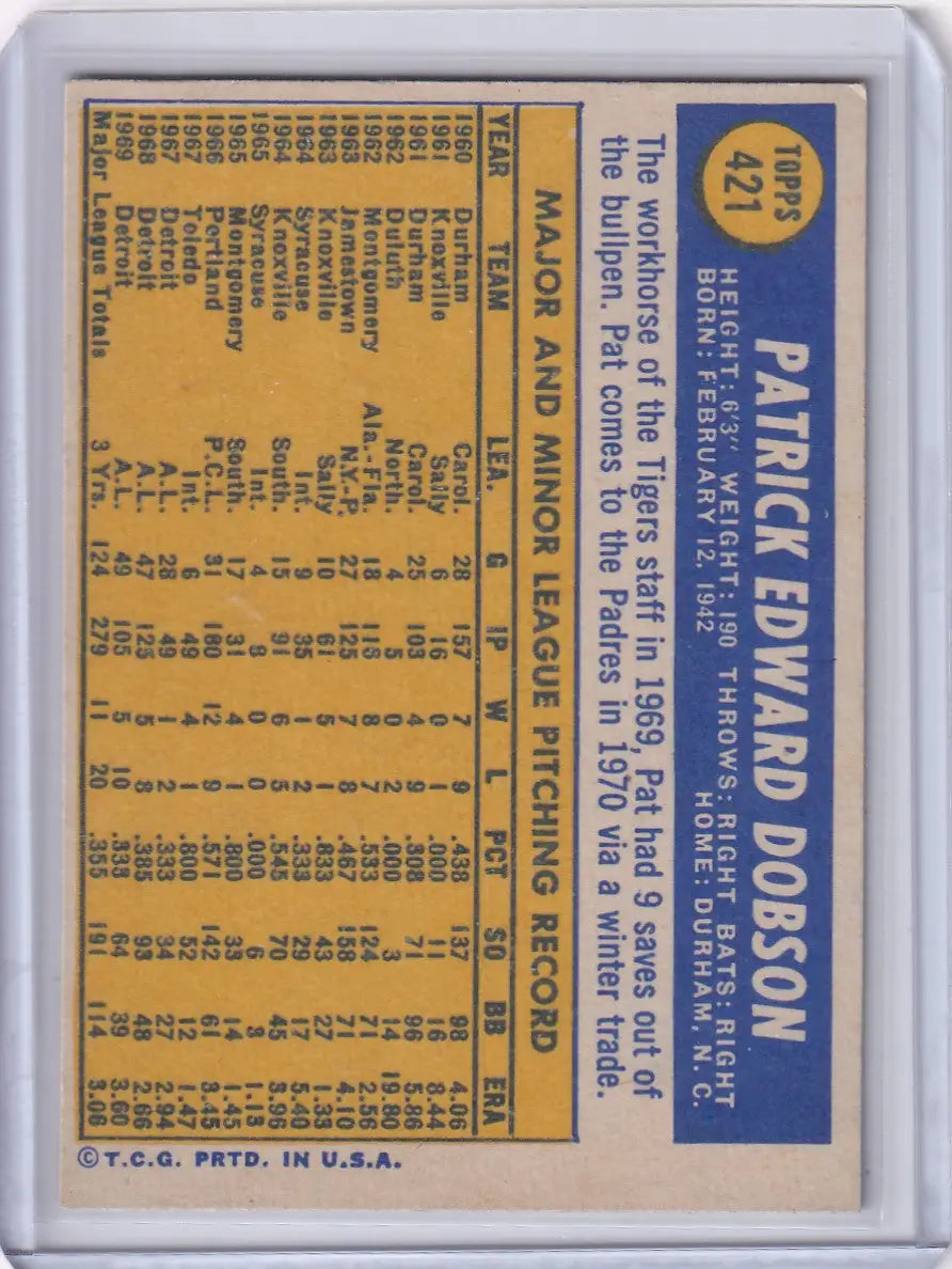 1970 Topps Baseball #421 Pat Dobson - San Diego Padres