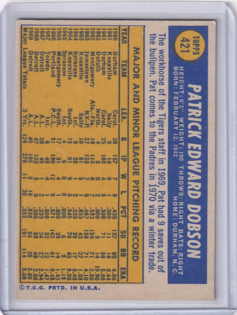 1970 Topps Baseball #421 Pat Dobson - San Diego Padres