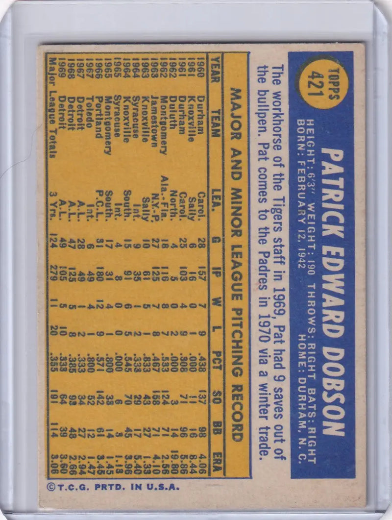 1970 Topps Baseball #421 Pat Dobson - San Diego Padres