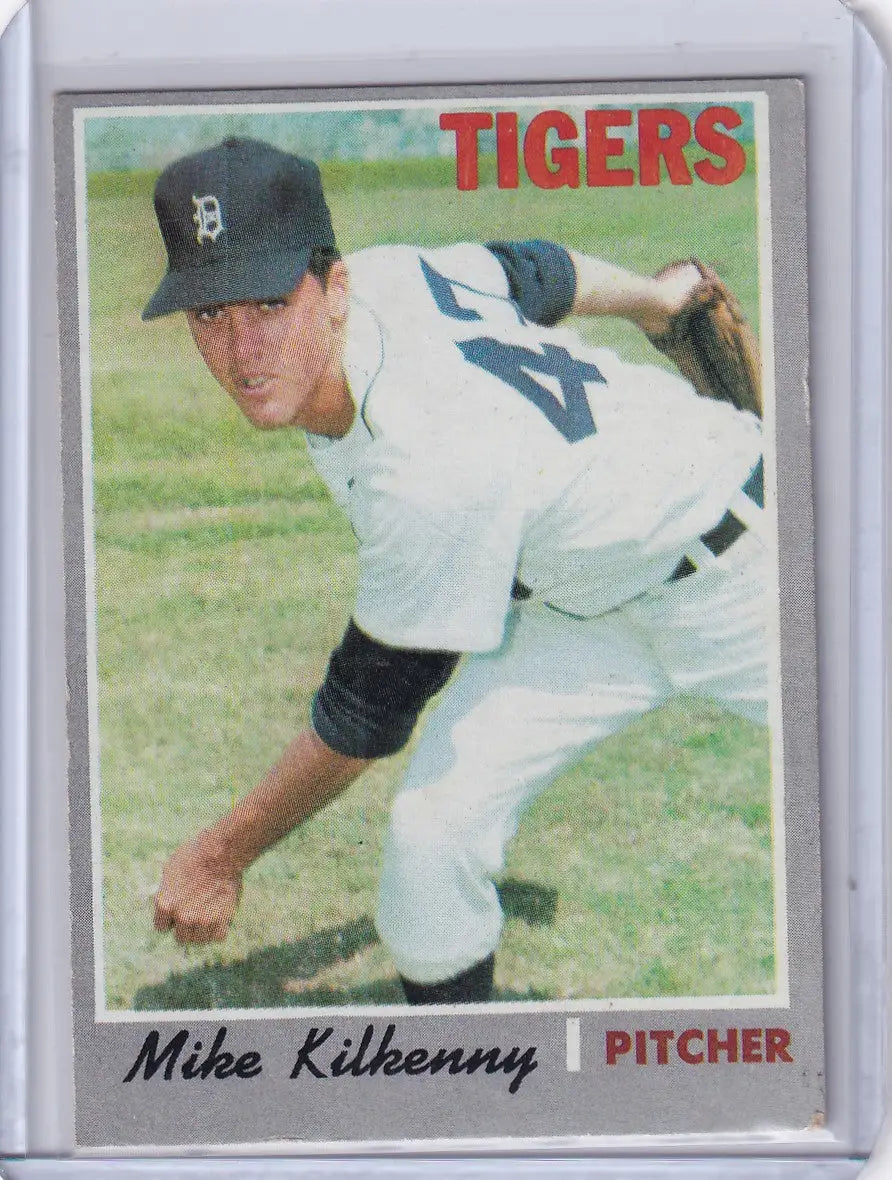 Baseball card of Mike Kilkenny in throwing stance for Topps Baseball, Detroit Tigers