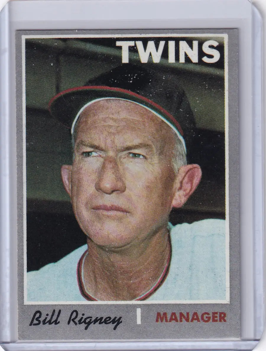 Baseball card of Bill Rigney, Minnesota Twins manager from Topps Baseball trading cards