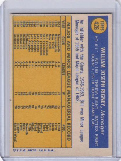 1970 Topps Baseball #426 Bill Rigney trading card with stats on yellow background