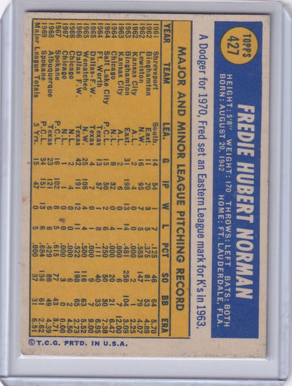 Vintage Los Angeles Dodgers 1970 Topps Baseball card featuring Fred Norman