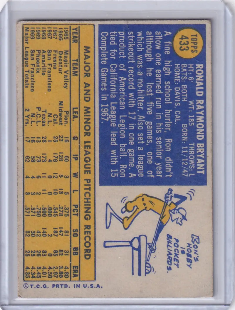 1970 Topps Baseball #433 Ron Bryant RC - San Francisco Giants