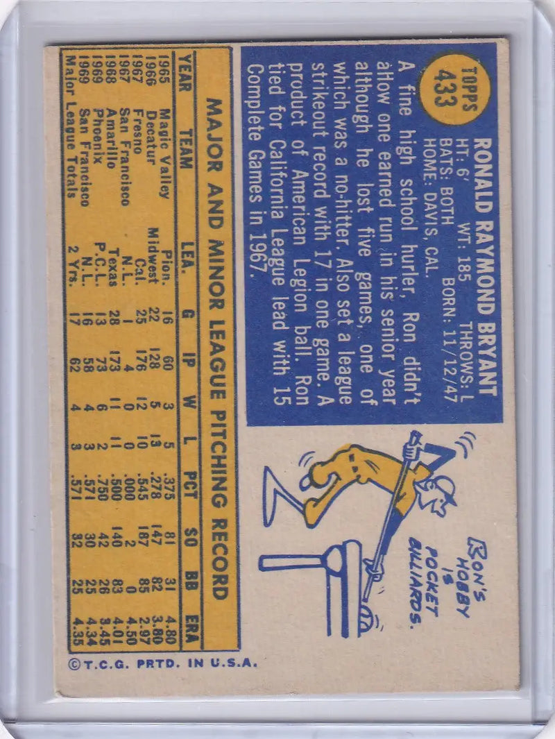 1970 Topps Baseball #433 Ron Bryant RC - San Francisco Giants