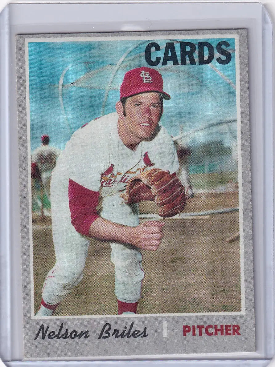 Nelson Briles pitching on a 1970 Topps Baseball card for St. Louis Cardinals