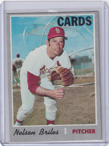 Nelson Briles pitching on a 1970 Topps Baseball card for St. Louis Cardinals