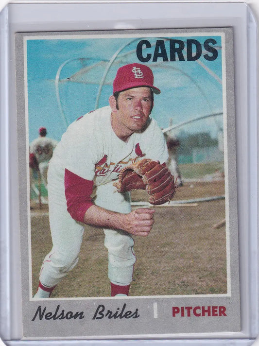 Nelson Briles pitching on a 1970 Topps Baseball card for St. Louis Cardinals