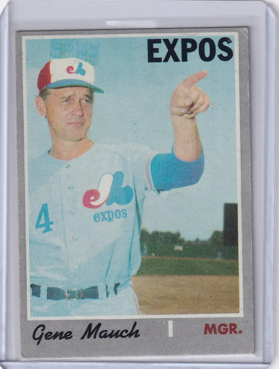 Baseball card of Gene Mauch, Montreal Expos manager in uniform, by Topps Baseball