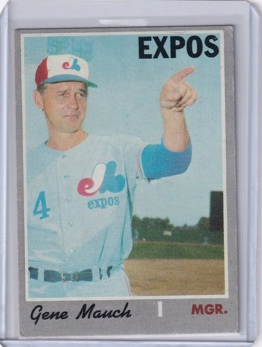 Baseball card of Gene Mauch, Montreal Expos manager in uniform, by Topps Baseball