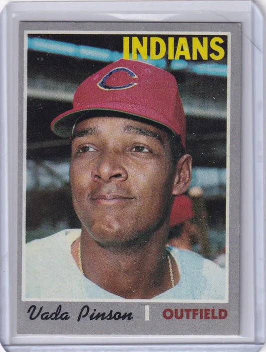 1970 Topps Baseball card of Vada Pinson, Cleveland Indians outfielder in red cap