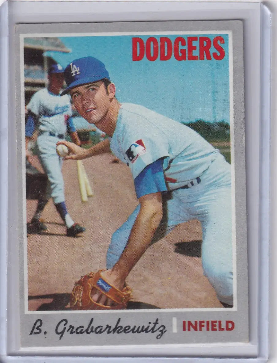 Baseball card of Billy Grabarkewitz in pitching stance, Los Angeles Dodgers, Topps Baseball