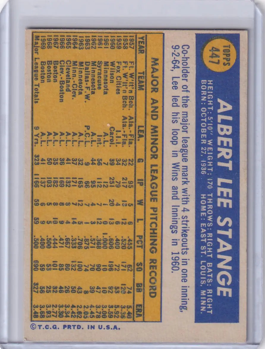 1970 Topps Baseball #447 Lee Stange - Boston Red Sox