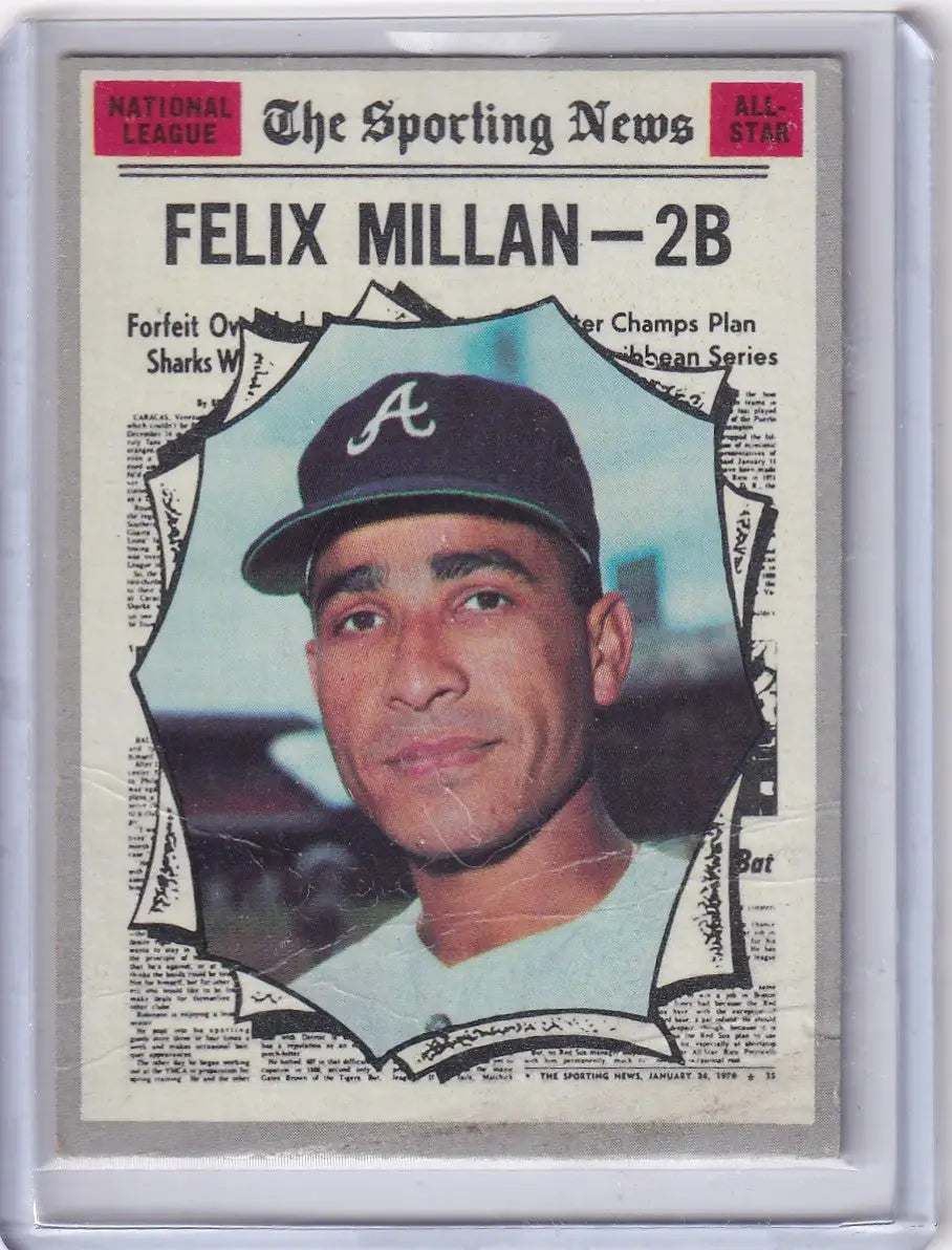 Baseball card of Felix Millan with Atlanta Braves cap in 1970 Topps Baseball design