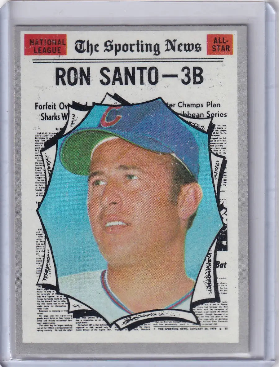 Baseball card of Ron Santo from Topps Baseball featuring Chicago Cubs blue cap with red C