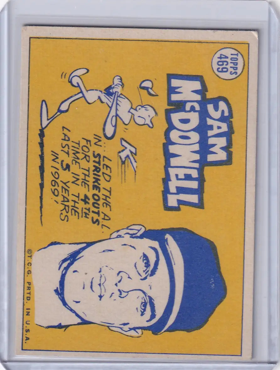 Topps Baseball card of Sam McDowell featuring Cleveland Indians portrait on yellow background