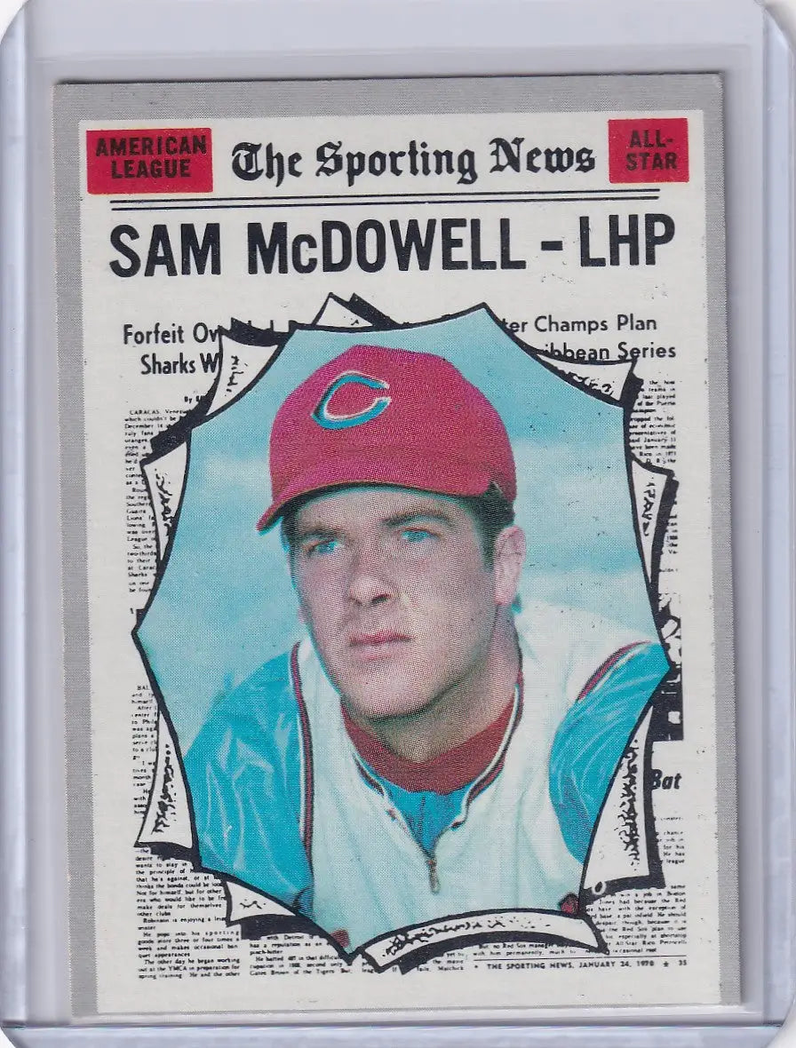 Baseball card of Sam McDowell for Topps Baseball featuring Cleveland Indians