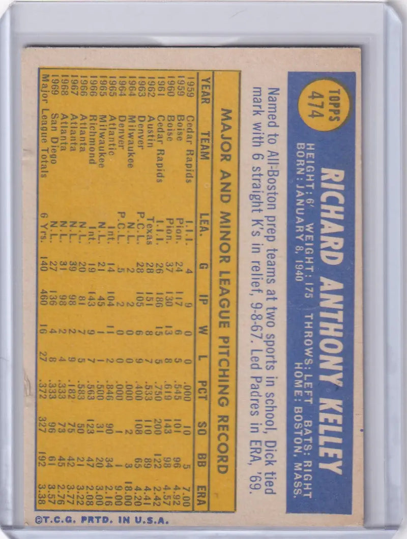 1970 Topps Baseball #474 Dick Kelley - San Diego Padres