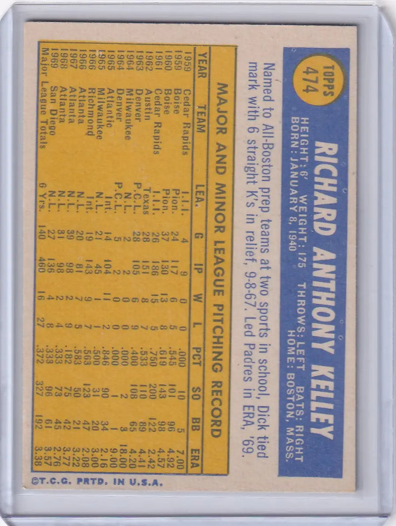 1970 Topps Baseball #474 Dick Kelley - San Diego Padres