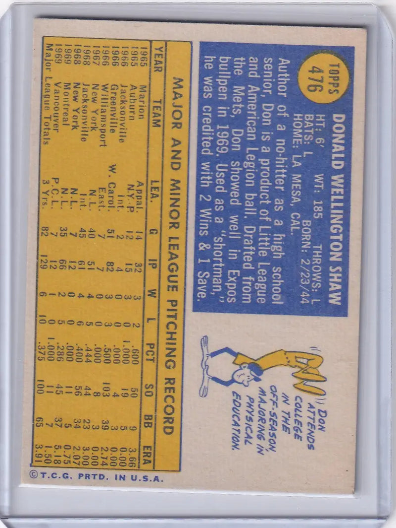 1970 Topps Baseball #476 Don Shaw - Montreal Expos