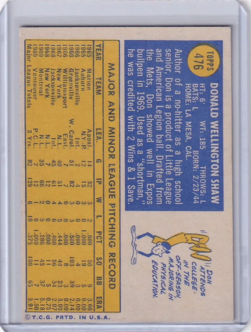 1970 Topps Baseball #476 Don Shaw - Montreal Expos
