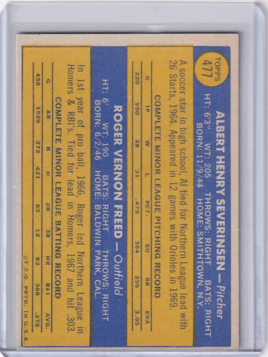 1970 Topps Baseball #477 Orioles Rookies - Al Severinsen / Roger Freed RC