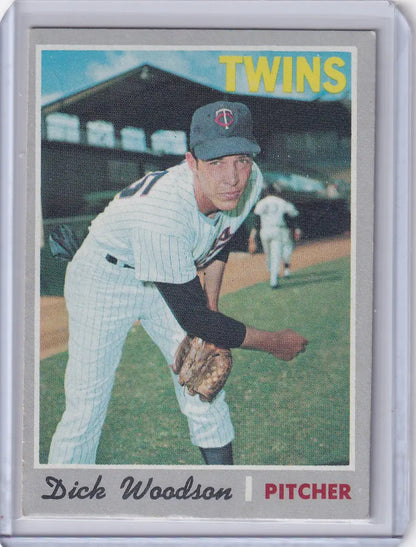 1970 Topps Baseball card of Dick Woodson, Minnesota Twins pitcher in throwing stance