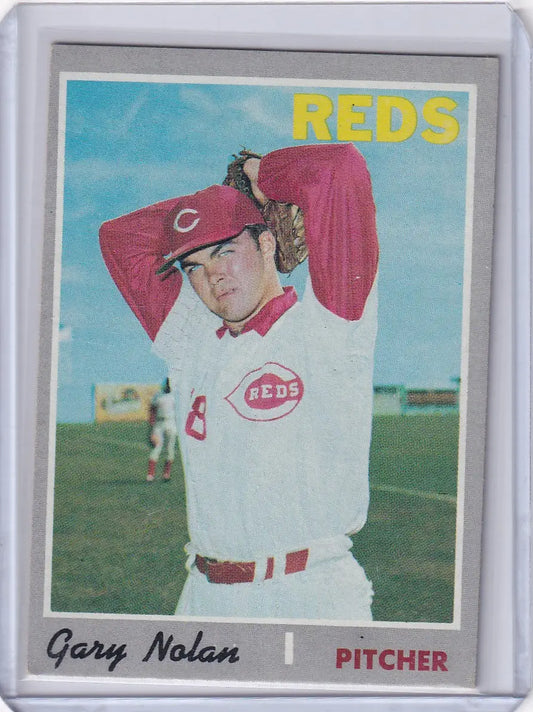 1970 Topps Baseball card of Gary Nolan in throwing pose for Cincinnati Reds