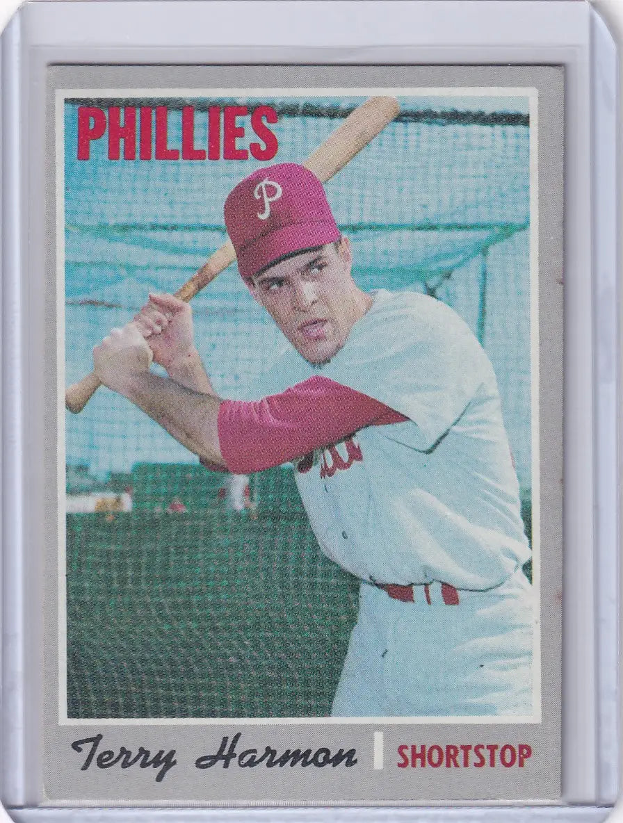 Baseball card of Terry Harmon in batting stance for Topps Baseball, Philadelphia Phillies