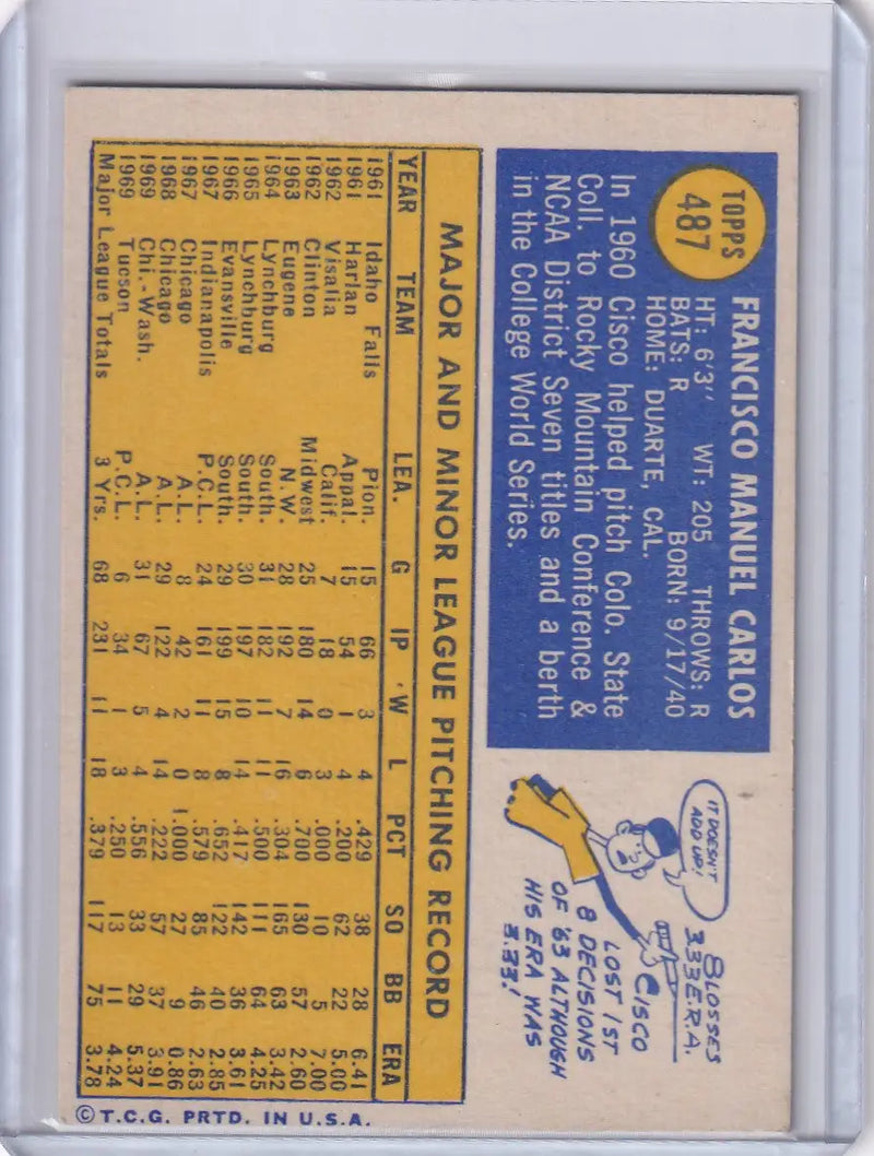 1970 Topps Baseball #487 Cisco Carlos - Washington Senators