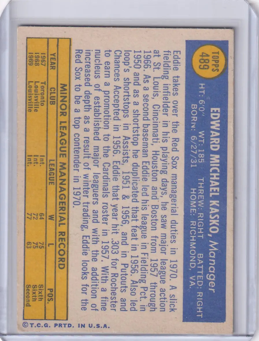 1970 Topps Baseball #489 Eddie Kasko - Boston Red Sox